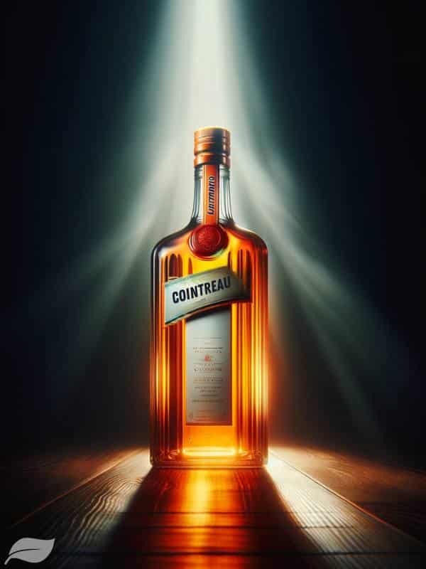 a tall, elegant bottle of Cointreau, with its distinctive shape and vibrant orange label.