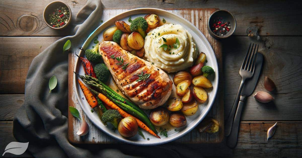 air fryer chicken breast, elegantly garnished with fresh herbs and accompanied by roasted vegetables and mashed potatoes