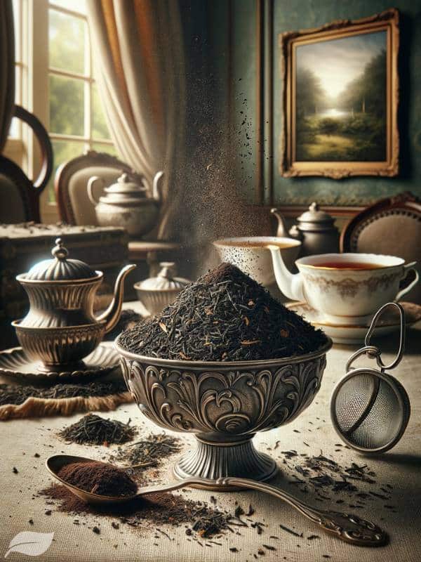 an elegant tea room with a vintage vibe. Center stage is a small, ornate bowl filled with finely ground Earl Grey tea leaves, their rich, dark color contrasting beautifully against the bowl's deli