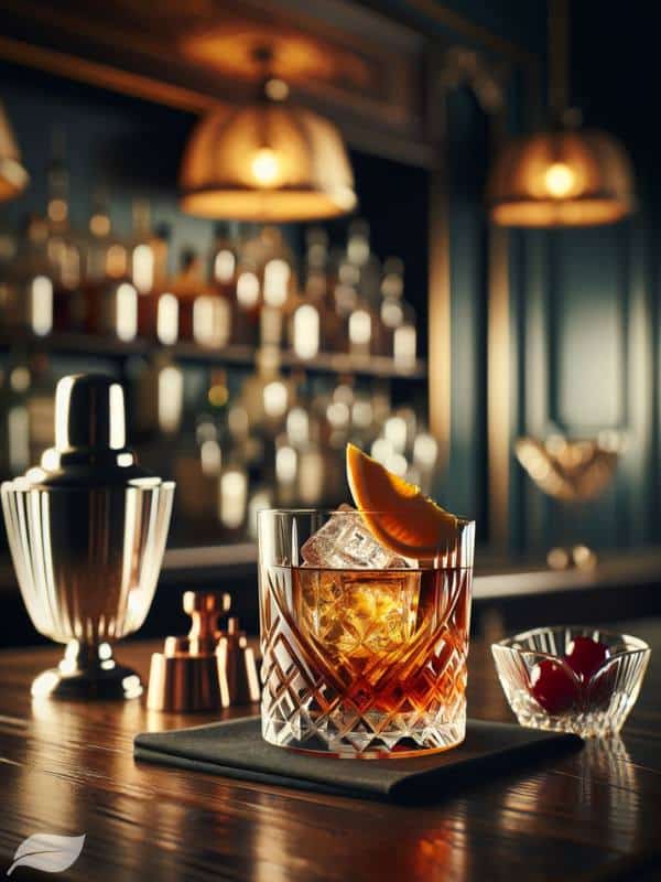 an elegantly presented Old Fashioned in a crystal glass, placed on a polished wooden bar top.