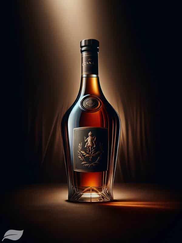 an opulent, dark glass bottle of fine cognac, elegantly shaped and showcasing its prestigious label
