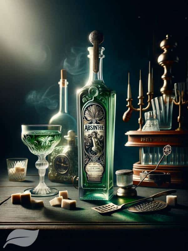 bottle of Absinthe with an intricate label, set on an antique bar counter against a dark, mysterious background