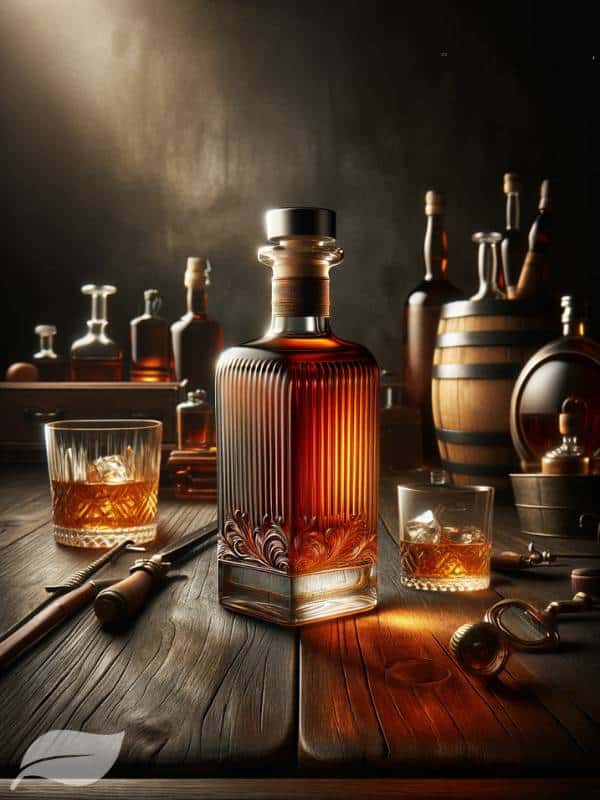bottle of Rye whiskey, set on a vintage wooden bar counter with a dark, sophisticated background
