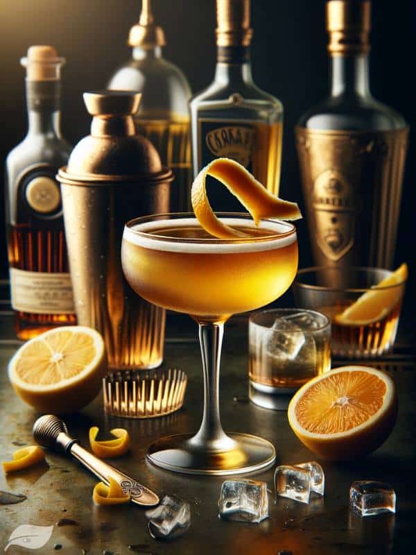 chilled coupe glass filled with a golden-hued Sidecar cocktail, garnished elegantly with a twist of orange peel.
