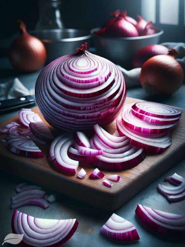 chopped red onion on a cutting board