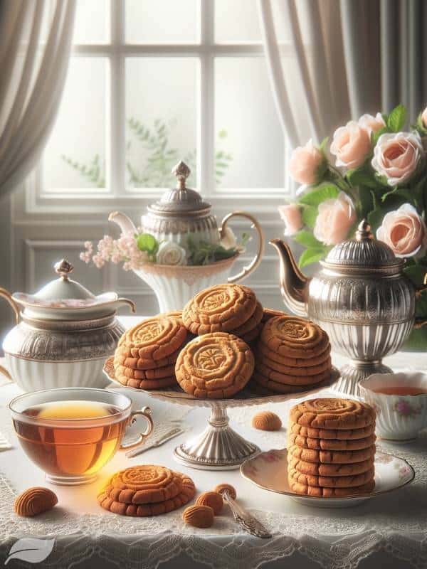 cookies are displayed prominently in the foreground, arranged neatly on a lace tablecloth. They are complemented by a fine china teacup filled with Earl Grey tea, a silver teapot