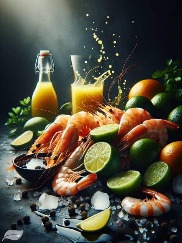fresh shrimp, prominently displayed at the center, surrounded by vibrant lime wedges and a splash of orange juice in the background