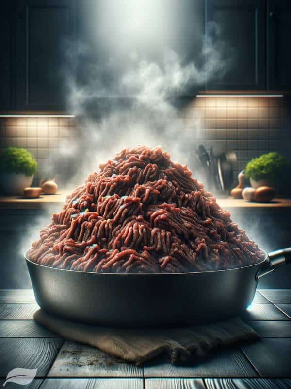 ground beef being cooked in a pan, highlighting the rich brown color and sizzling texture, with steam rising