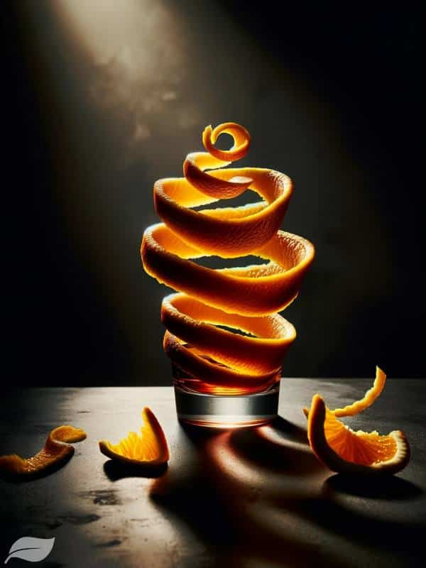 orange twist in a dynamic and artistic way, with a focus on the vibrant orange peel spiraling elegantly
