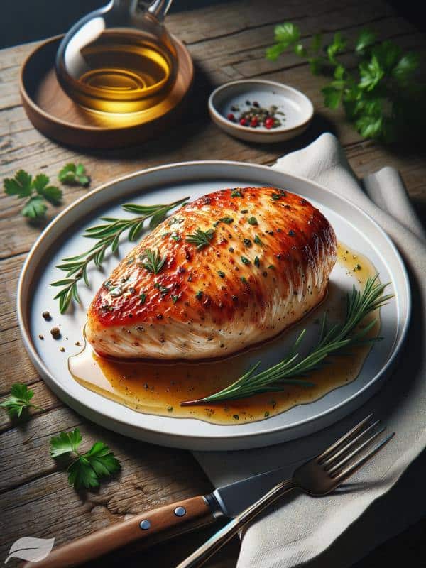 plated dish of air fryer chicken breast, elegantly garnished with fresh herbs.