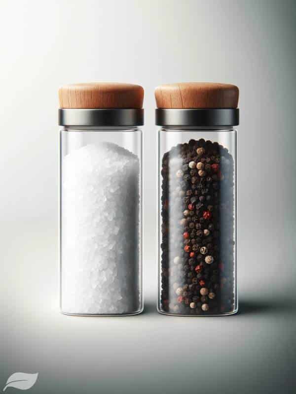 salt and pepper in elegant, separate containers, presented dramatically against a clean, minimalist background