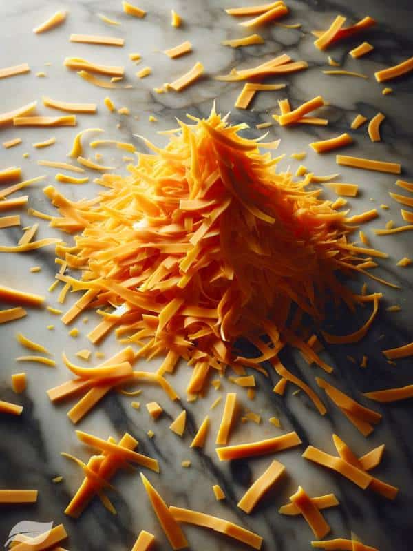shredded cheddar cheese, with a focus on the rich orange color and texture.