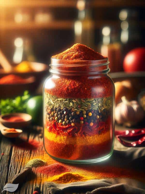 taco seasoning in a glass jar, showcasing the vibrant colors and textures of the spices