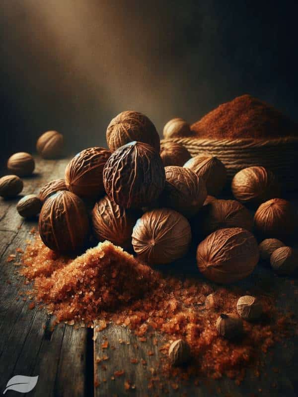 whole nutmegs and grated nutmeg on a rustic wooden surface