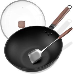 Eleulife Carbon Steel Wok, 13 Inch Wok Pan with Lid and Spatula, Nonstick Wok