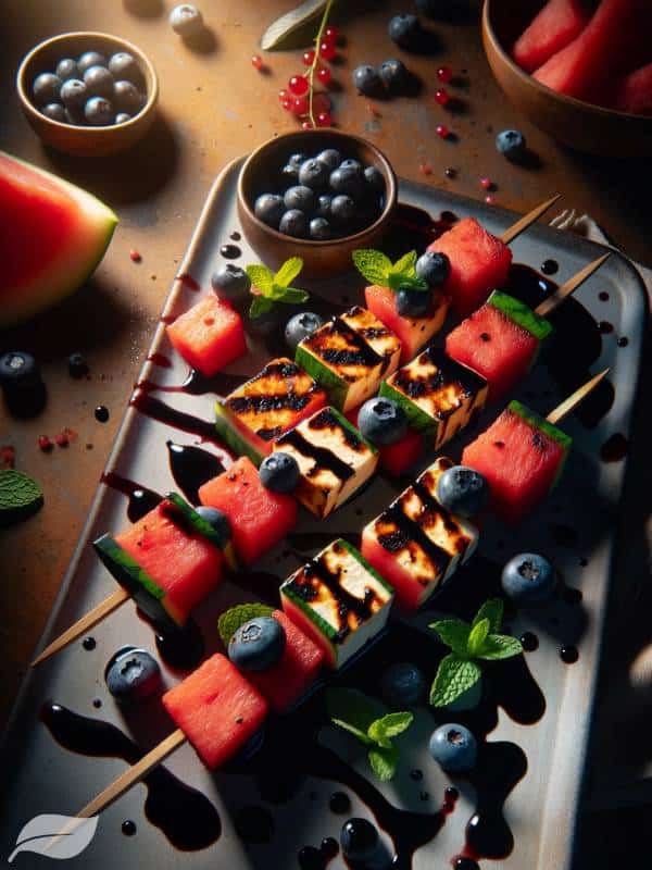 Grilled Watermelon and Halloumi Skewers with Blueberry Balsamic Glaze