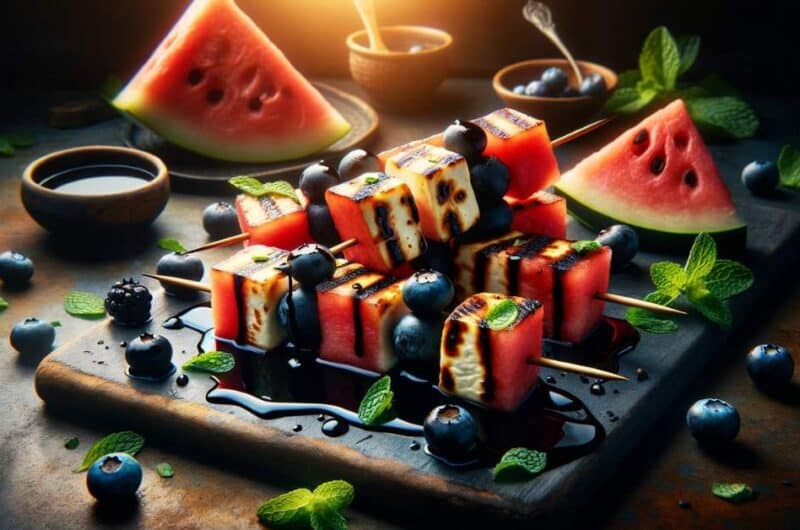 Grilled Watermelon and Halloumi Skewers with a Blueberry Balsamic Glaze