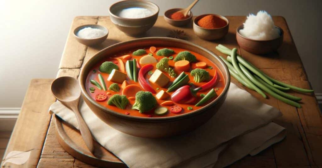 Vegan Thai Red Curry, with a subtle and balanced presentation of vegetables.