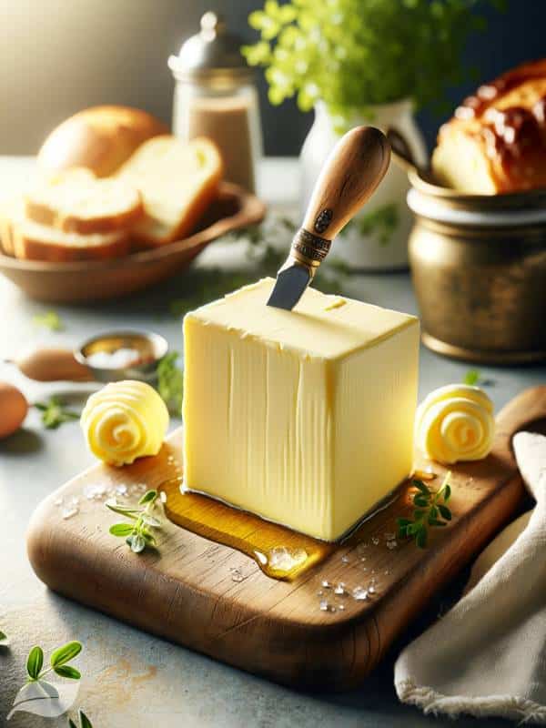 a block of butter on a wooden board with a knife in it