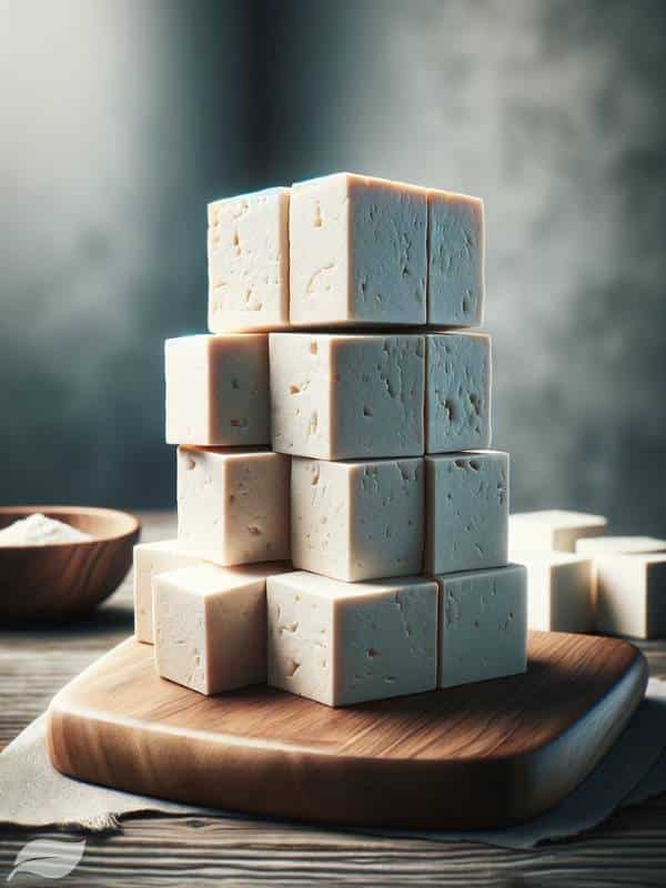 a close-up view of neatly cubed firm tofu on a wooden cutting board