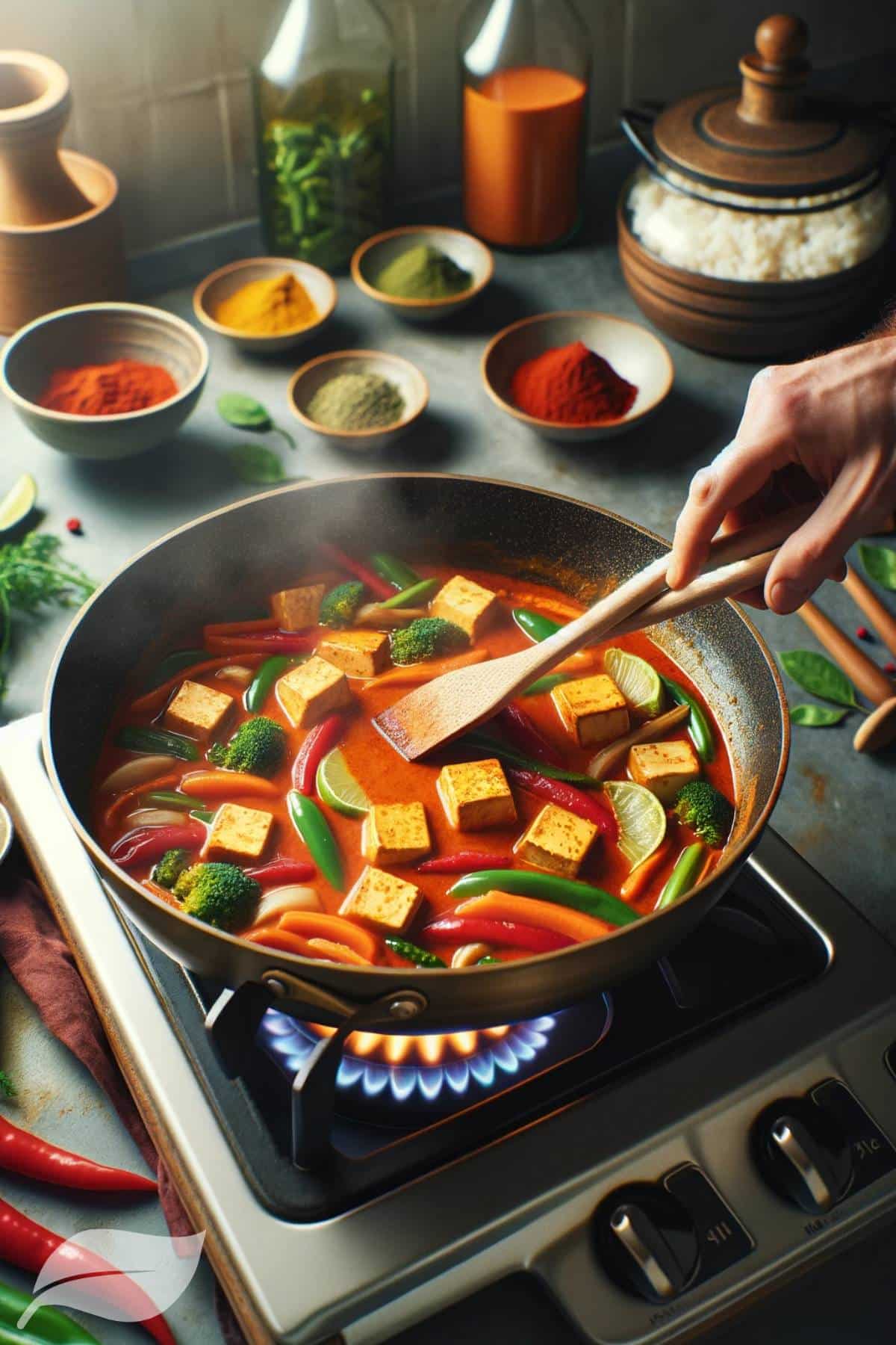 a pan on a stove with the red curry sauce simmering, tofu and mixed vegetables being added to the sauce.