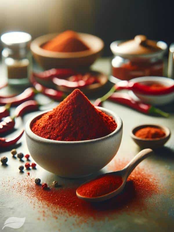 a small bowl or container of cayenne pepper, with a spoon or a pinch of the spice sprinkled beside it to highlight its vibrant red color