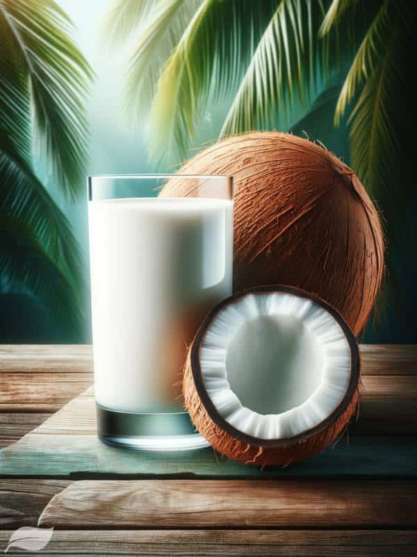 coconut milk, showcasing its creamy texture and natural quality. The image features a close-up of a glass of coconut milk, with a fresh coconut cut in half beside it.
