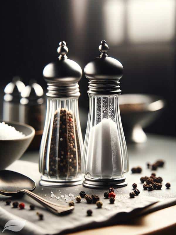 elegant salt and pepper shakers, with some grains of salt and peppercorns scattered around them
