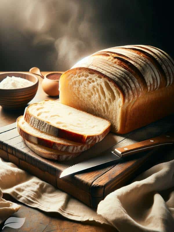 freshly baked bread with a golden-brown crust, sliced to show the soft, fluffy interior.