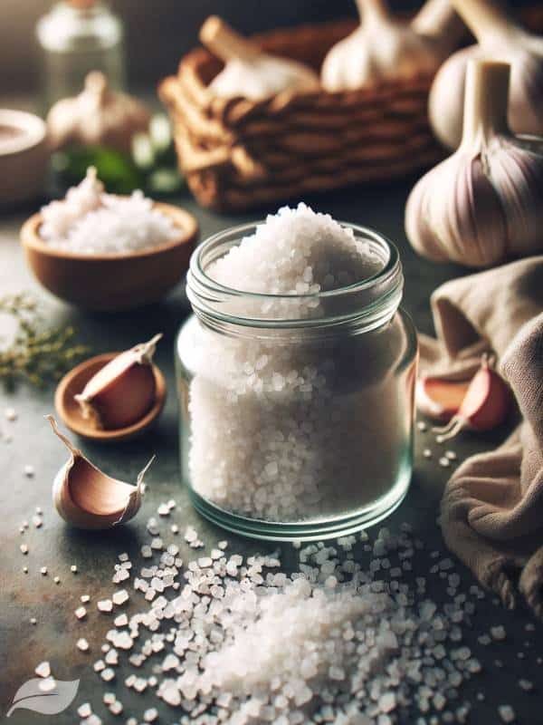 garlic salt, with some granules spilling out to emphasize its texture.