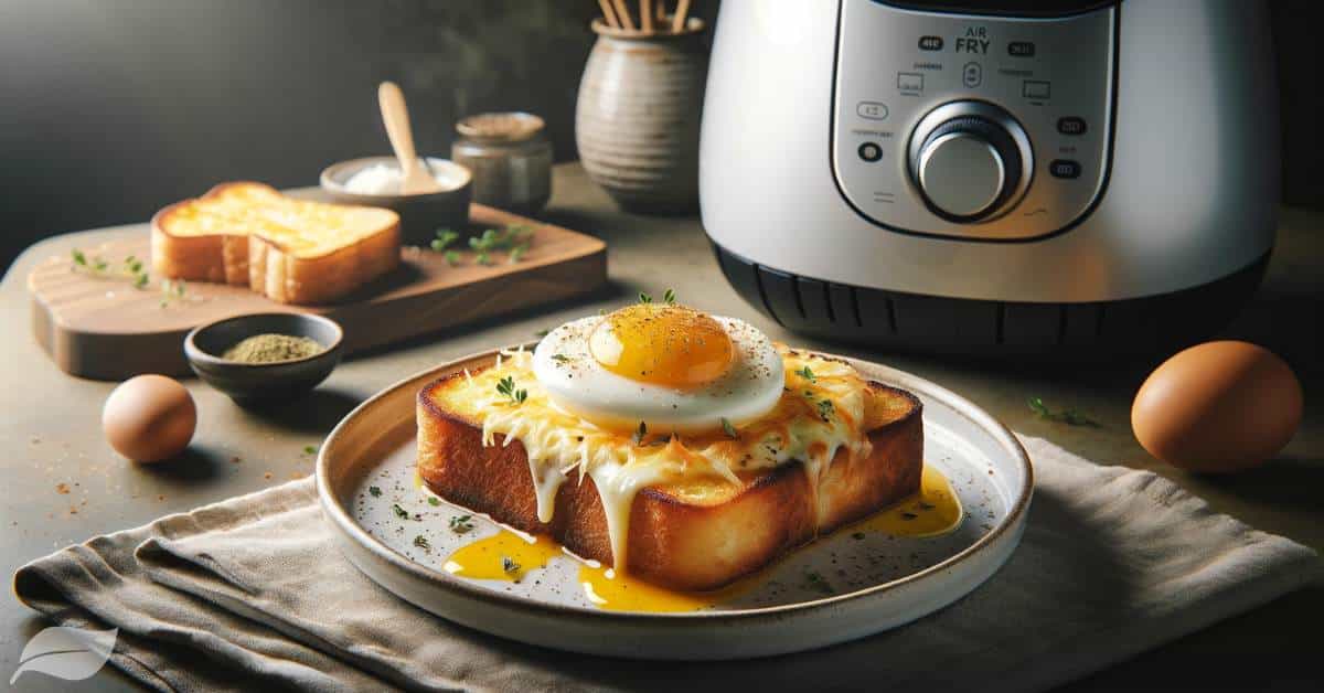 golden-brown toast topped with a perfectly cooked egg and a generous amount of melted cheese, elegantly garnished with a sprinkle of herbs and a light dusting of cayenne pepper