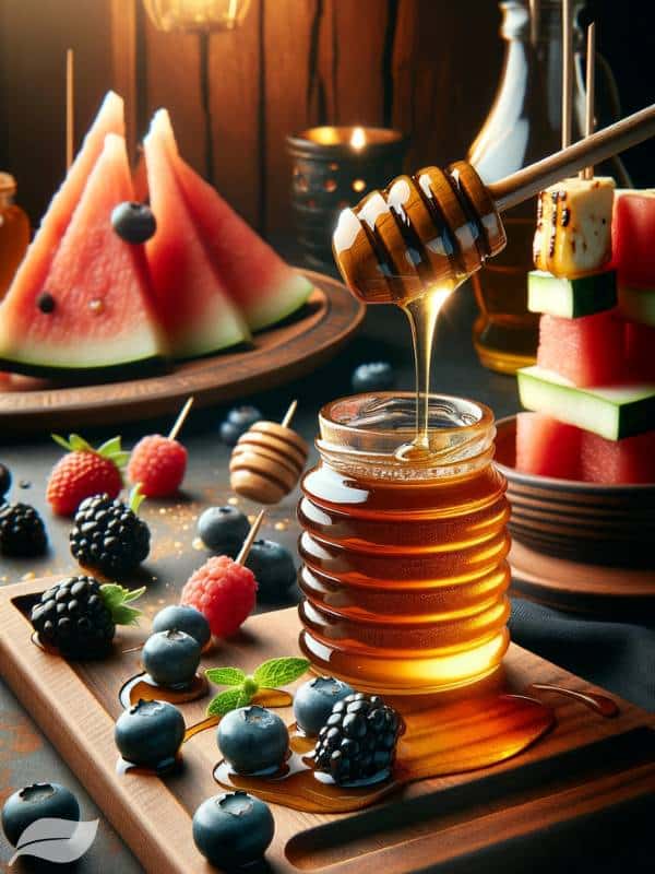 honey a key ingredient in the Grilled Watermelon and Halloumi Skewers with a Blueberry Balsamic Glaze recipe