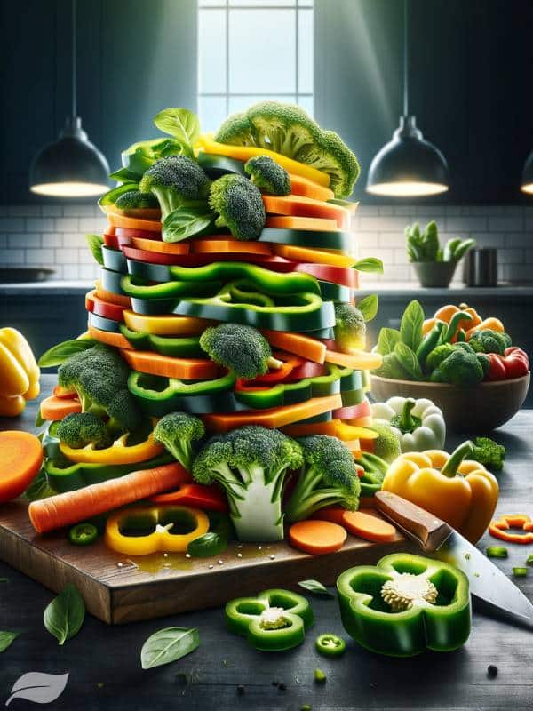sliced mixed vegetables, including bell peppers, carrots, and broccoli.
