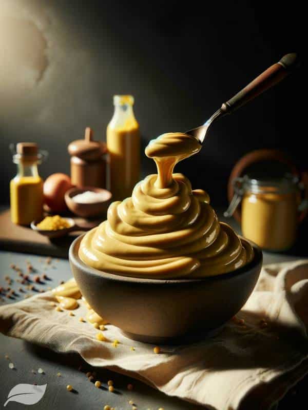 the creamy, rich texture and the distinctive golden-yellow color of Dijon mustard in a bowl