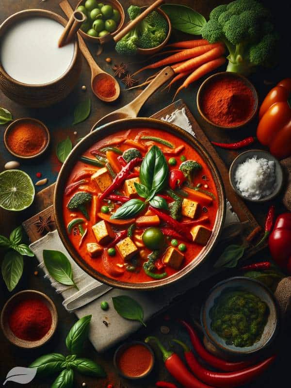 vegan Thai Red Curry. The curry is vibrant red and creamy, served in a traditional bowl, garnished with fresh basil leaves.