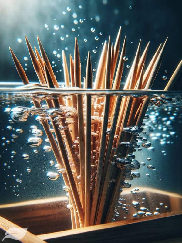 wooden skewers fully submerged in cold water, emphasizing the crucial step of soaking before grilling