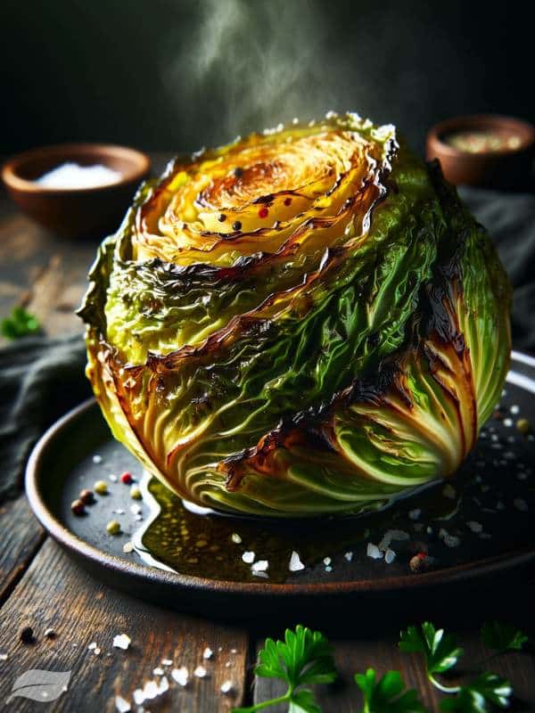 A close-up image of a beautifully caramelized steam-roasted cabbage, highlighting the crispy, golden edges