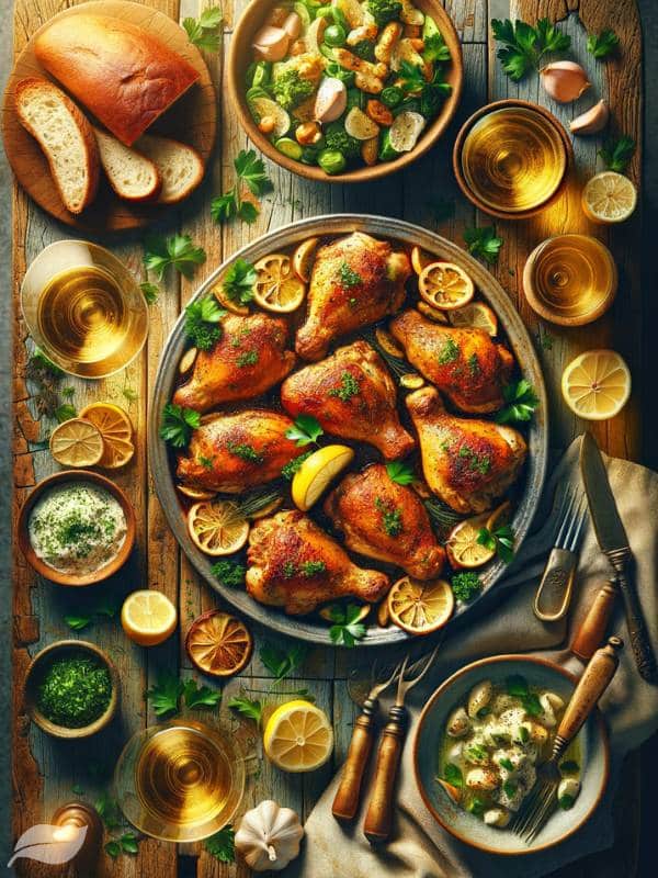 a beautifully arranged table setting that includes a large platter with golden-brown, seared chicken thighs garnished with lemon slices and fresh parsley.