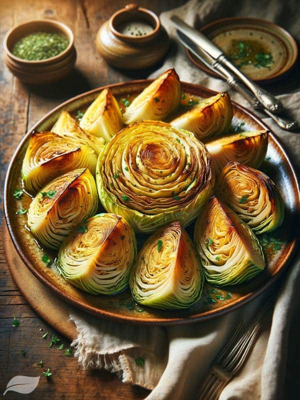 a beautifully presented dish of steam-roasted cabbage ready to serve, with the cabbage cut into 8 perfect wedges