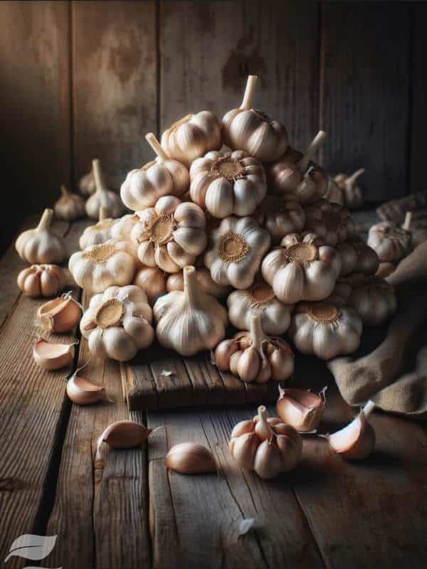 a bunch of fresh garlic bulbs on a rustic wooden table.