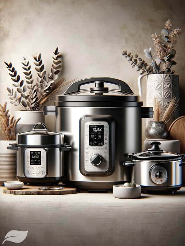 comparing three kitchen appliances a Crock-Pot, an Instant Pot, and an Elite Gourmet slow cooker
