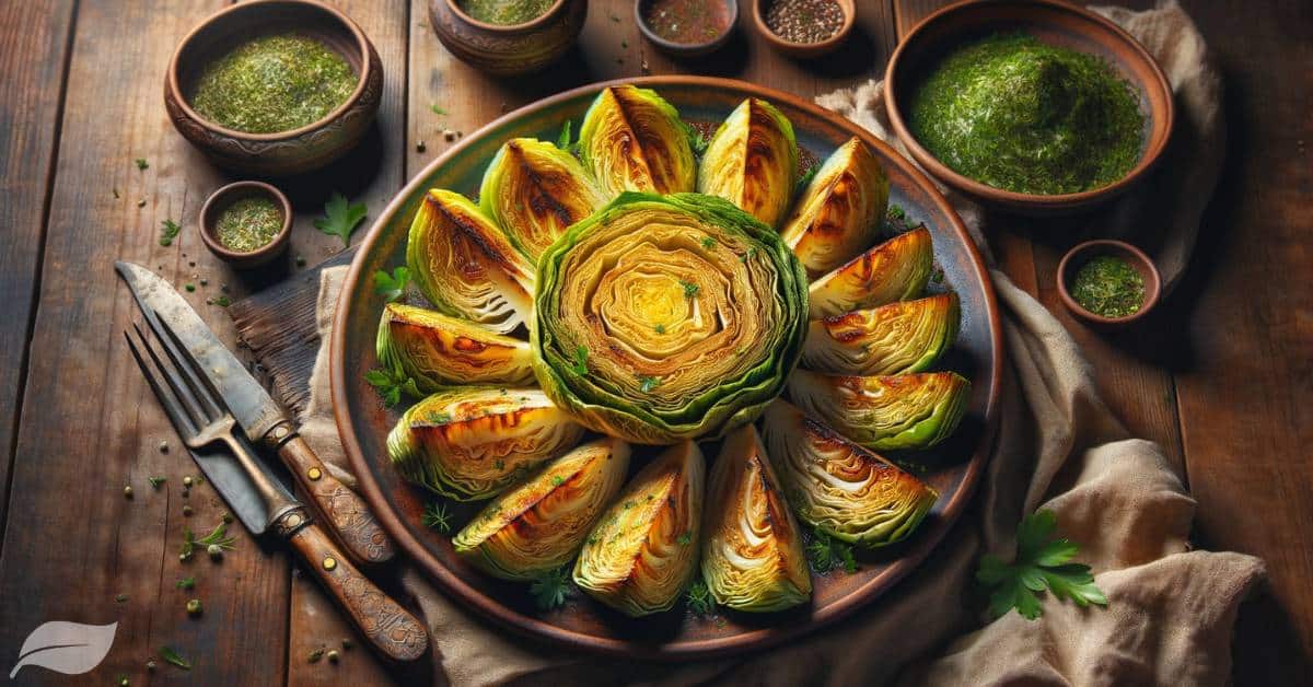a dish of steam-roasted cabbage, cut into 8 wedges as per the recipe. Each wedge is beautifully caramelized with golden-brown edges, contrasting with the tender, vibrant green interior