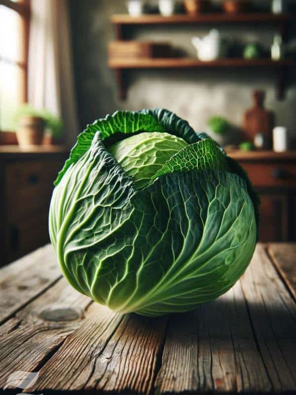 a fresh, whole cabbage on a rustic wooden table. The cabbage boasts vibrant green leaves with some of the outer leaves slightly loose, adding to the natural and organic look of the vegetable