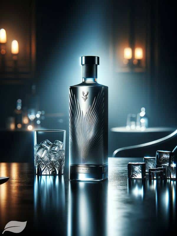 a premium vodka bottle, elegantly designed, placed on a sleek, dark surface