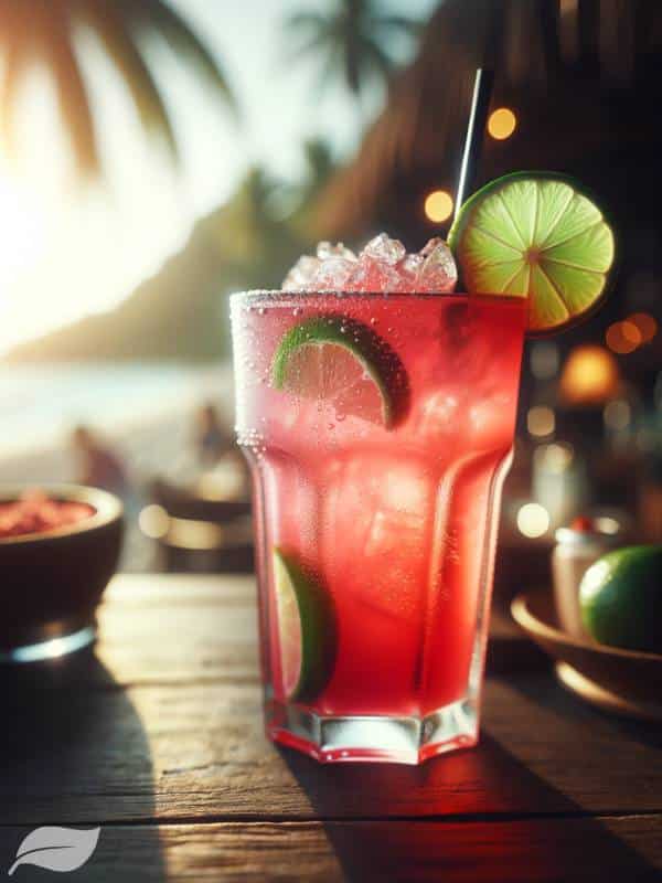 a tall glass filled with a vibrant pinkish-red cocktail, topped with a lime wedge on the rim of the glass