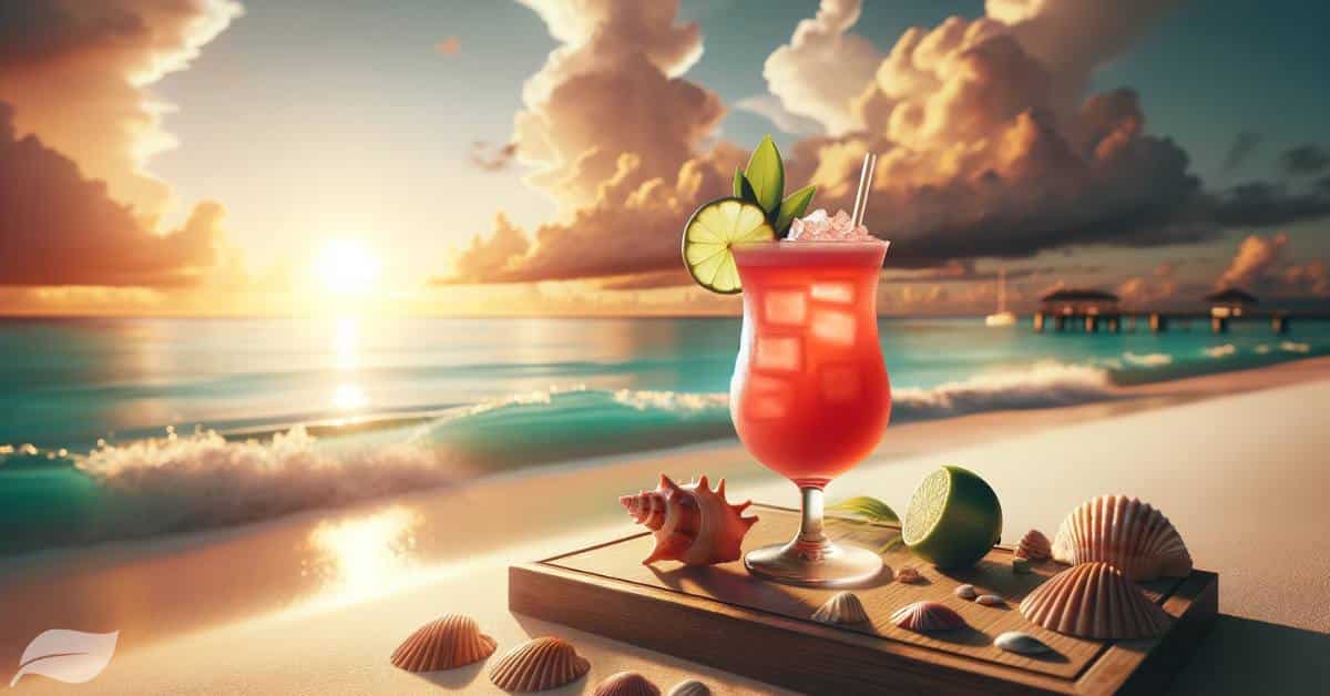 a vibrant pinkish-red Sea Breeze cocktail in a tall glass, with a lime wedge garnish, is prominently displayed in the foreground. The background captures the serene beauty of the beach, with gentle waves, the setting sun casting a golden hue over the scene, and a few scattered seashells near the base of the glass to enhance the beach vibe