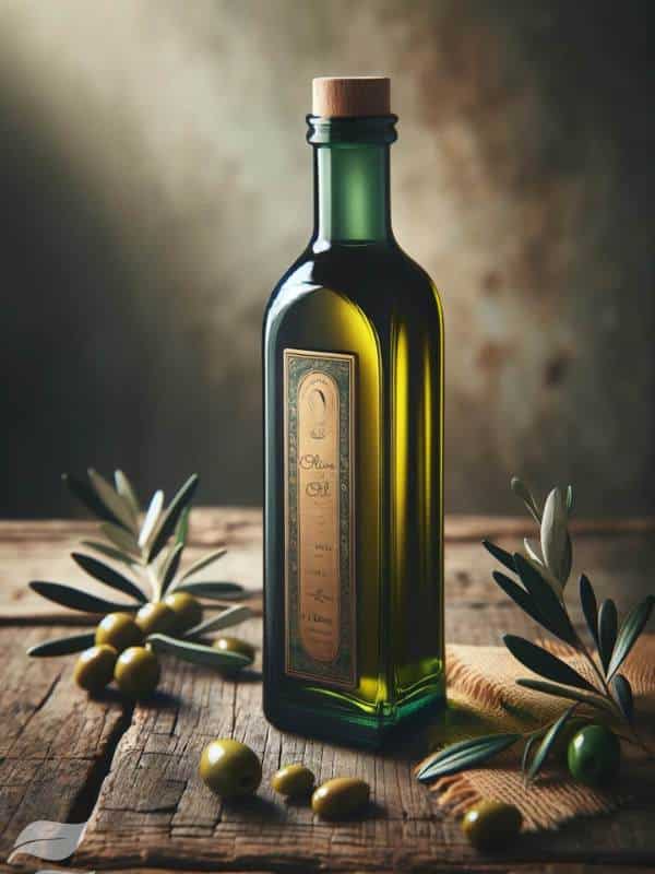 an elegant bottle of olive oil, placed on a rustic wooden table. The bottle is crafted from dark green glass, showcasing its premium quality, with a label that hints at its artisanal origin