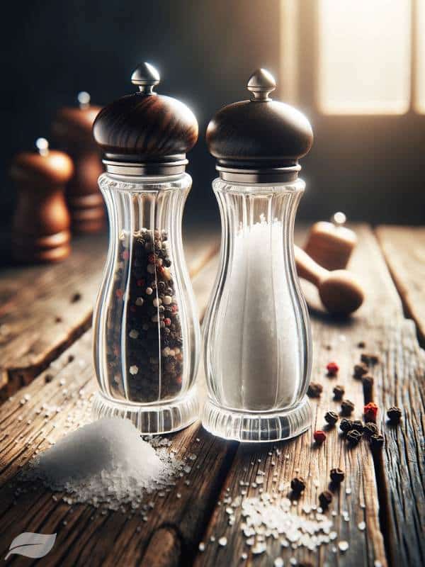 an elegant set of salt and pepper shakers on a rustic wooden table