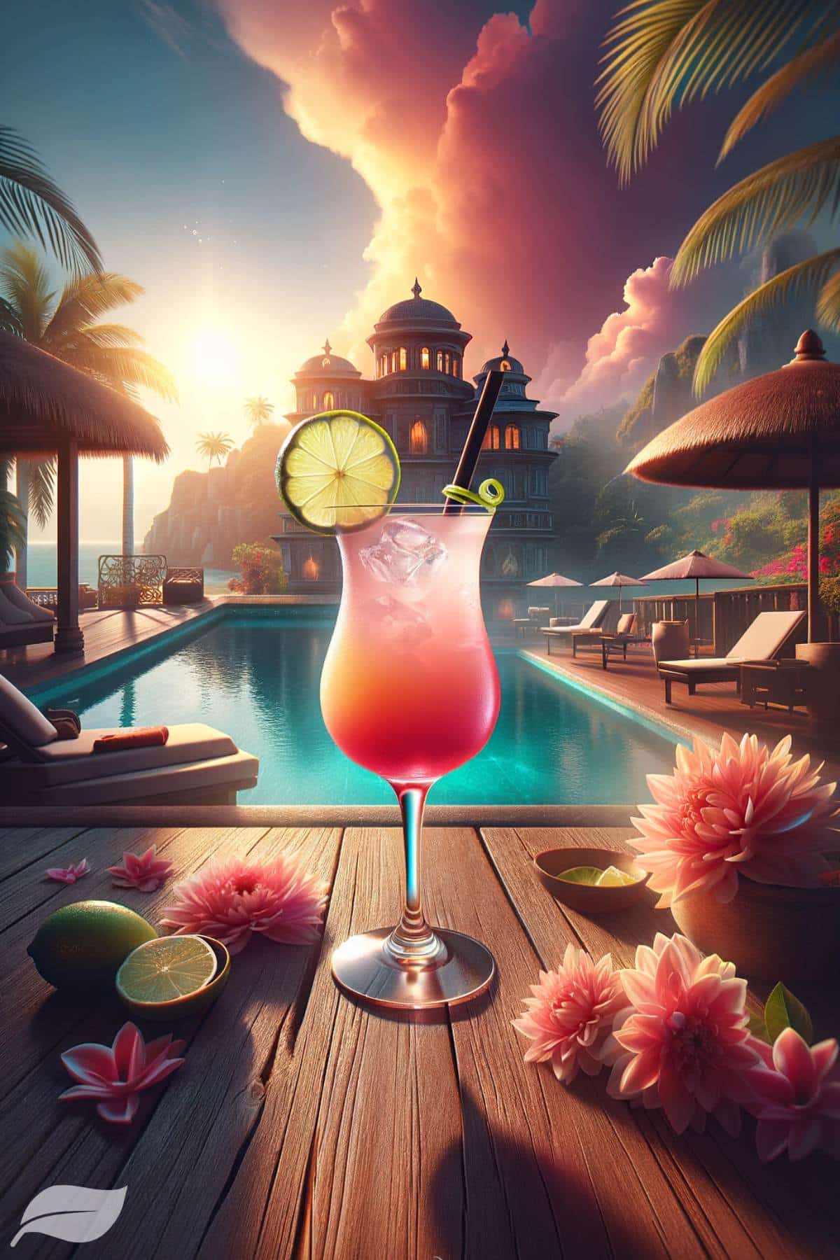 the sea breezze cocktail in a sleek, tall glass, set against an enchanting backdrop that suggests a luxurious summer retreat