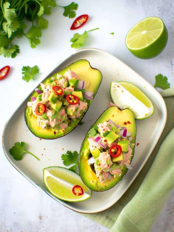 a Keto Avocado Tuna Salad, highlighting the dish's vibrant and fresh ingredients